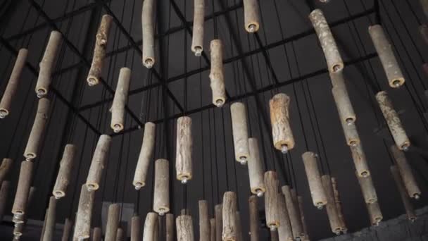 Bir sürü ağaç kütüğü ve ağaçtan oluşan güzel bir tavan arası avizesi. — Stok video