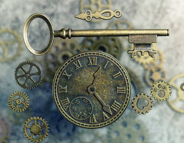 Steampunk óra és kulcs fogaskerekekkel és fogaskerekekkel. — Stock Fotó