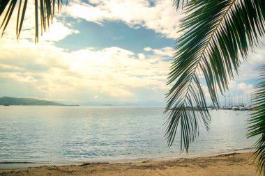Günbatımında Yunanistan 'da tropik kumlu plaj