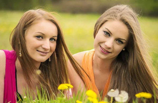 Dos chicas guapas en la hierba de primavera — Foto de Stock