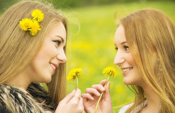 Due belle ragazze con denti di leone — Foto Stock