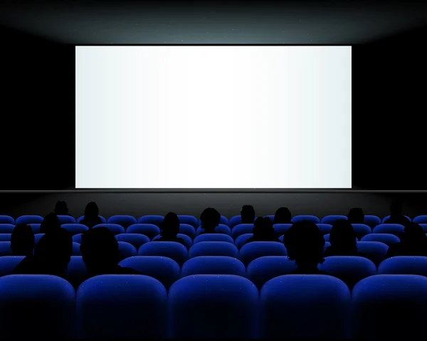 Auditório de cinema com lugares, povos e tela em branco — Vetor de Stock