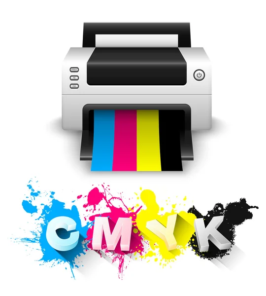 Concepto de impresión CMYK con impresora y letras 3D — Vector de stock