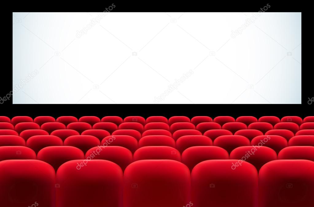 Cinema auditorium with rows of red seats and blank screen