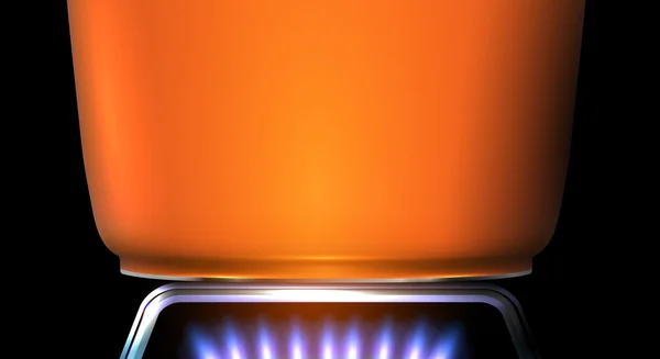 Detalle de la olla naranja en la llama de la estufa — Vector de stock
