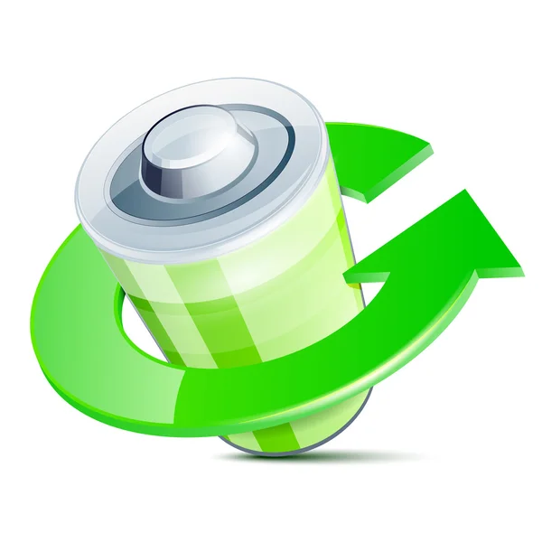 Lesklé baterie ikona se symbolem šipky recykl — Stockový vektor