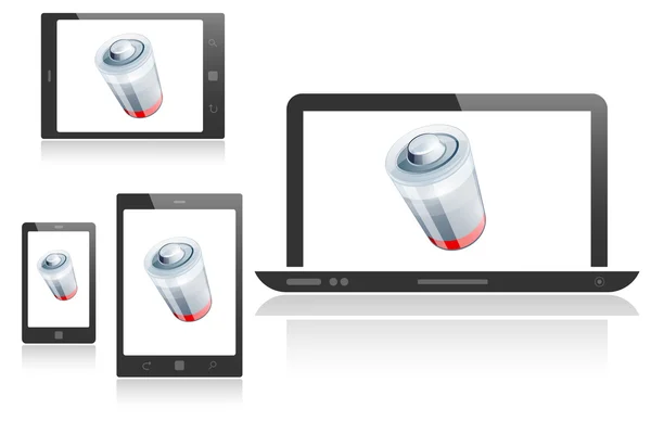 Set di diversi dispositivi digitali con simbolo della batteria scarica — Vettoriale Stock
