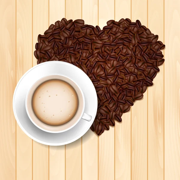 Coffee on wooden table and coffee beans heart shape — Stock Vector