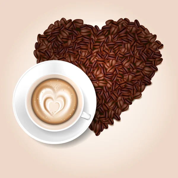 Cup of coffee and coffee beans heart shape — Stock Vector