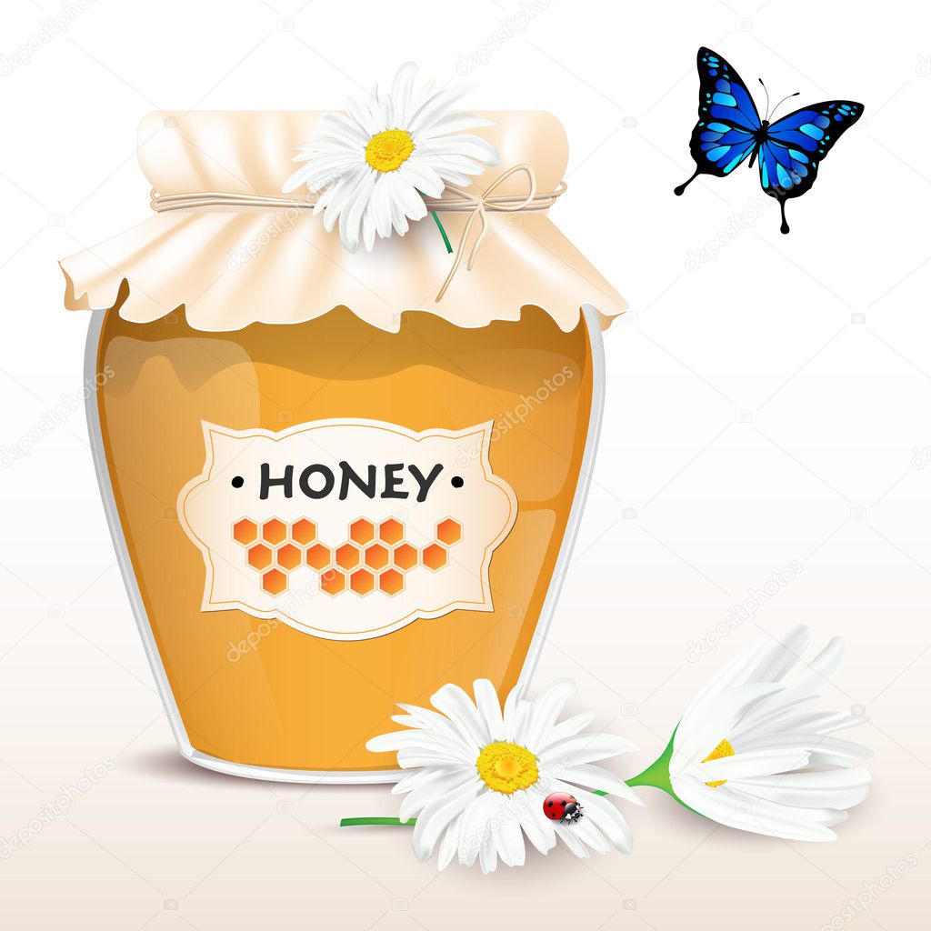 Honey in glass with flowers and butterfly
