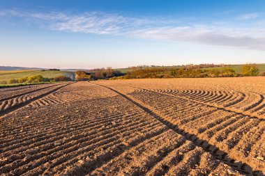 Tekerlek izleri ile bahar sürülmüş alan kırsal kırsal