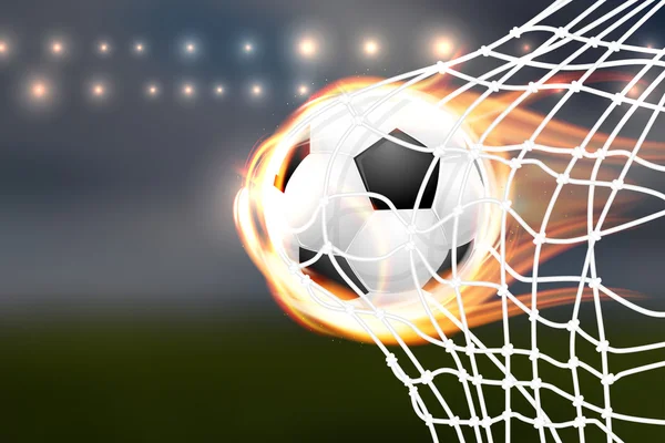 Ballon de football volant avec des flammes dans le but — Image vectorielle