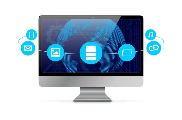 Concepto de solución en la nube con iconos y pantalla de ordenador — Archivo Imágenes Vectoriales