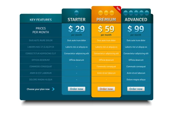 Plantilla de planes de precios para sitios web y aplicaciones — Archivo Imágenes Vectoriales