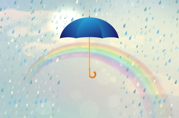 雨と虹と青の開いた傘 — ストックベクタ
