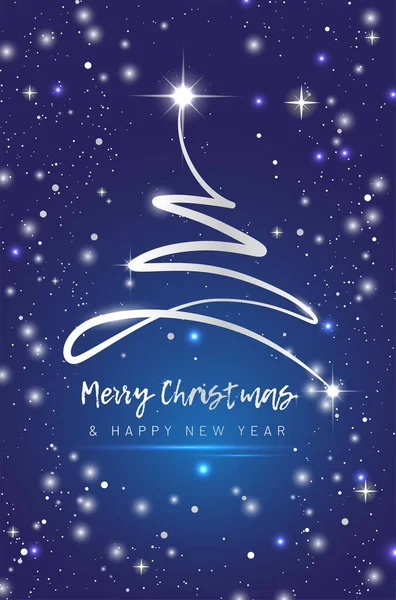抽象的なクリスマスツリーと光沢のあるライトとブルーメリークリスマスカード ベクトルイラスト — ストックベクタ
