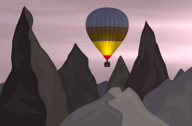 Sıcak hava balonu şafakta dağların üzerinden uçuyor - vektör illüstrasyonu