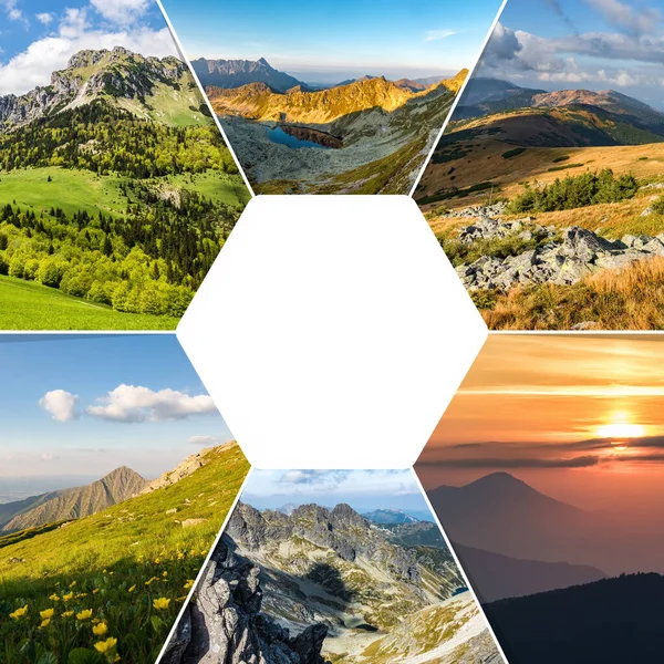 Collage Fotos Naturaleza Sobre Tema Montañas Con Espacio Copia Para —  Fotos de Stock