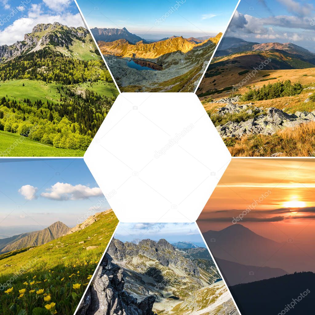 Collage of nature photos on theme of MOUNTAINS with copy space for your text. All photos are mine.