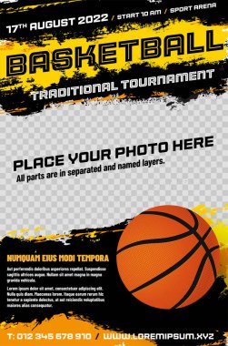 Basketbol turnuvası poster şablonu fotoğrafınız için top ve yer - vektör illüstrasyonu