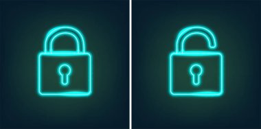 Locked and unlocked padlock icons in shiny neon graphic style - vector illustration clipart