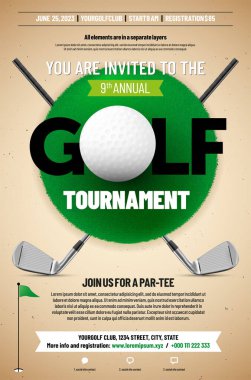 Golf tournament poster template with ball, golf clubs, grass texture and copy space for your text - vector illustration