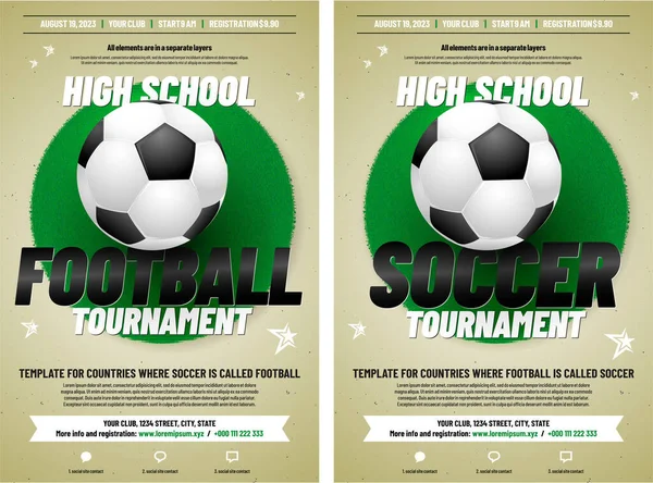 Δύο Εκδόσεις Του Προτύπου Αφίσας Ποδοσφαίρου Τουρνουά Ποδοσφαίρου Μπάλα Γρασίδι — Διανυσματικό Αρχείο