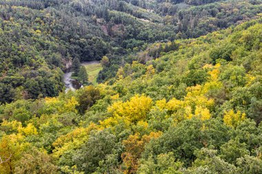 Jihlava adı verilen nehir vadisine kuş bakışı ve sonbaharın başında çevreleyen ormanlar - Çek Cumhuriyeti, Avrupa
