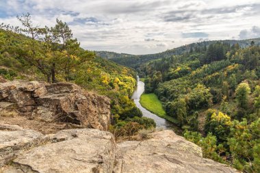 Kayalık nehir vadisinde Jihlava adı verilen ve sonbaharın başında bulutlu gökyüzü altında çevreleyen ormanlar - Çek Cumhuriyeti, Avrupa