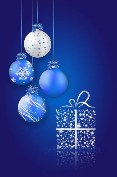 Glanzende kerstballen en gift op blauwe achtergrond — Stockvector