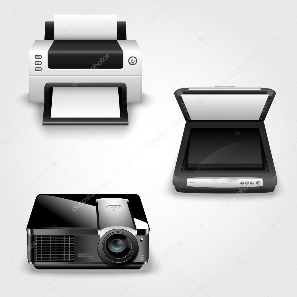 Detailed illustration of abstract printer, scanner and projector