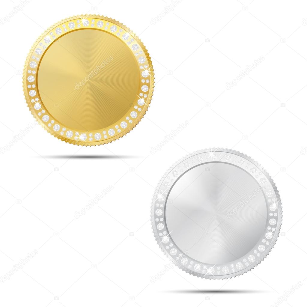 Abstract gold and silver coin with diamonds