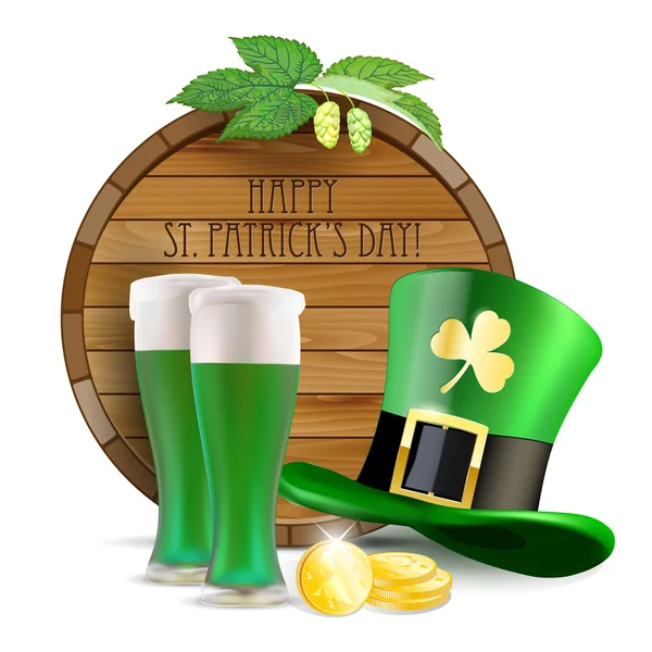 Wooden barrel, hops, green hat, green beer and golden coins — Stock Vector