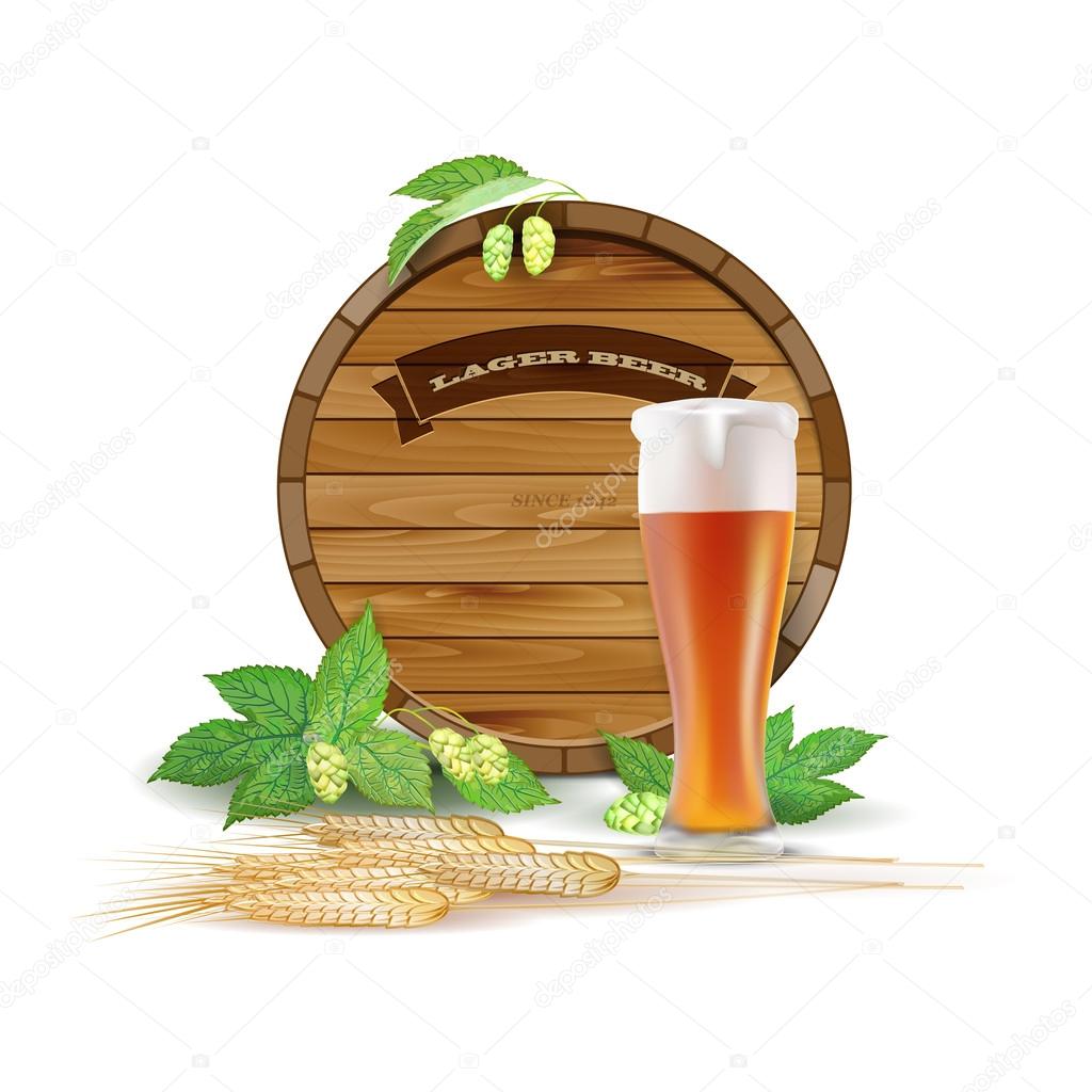 Wooden barrel, glass of beer, hops and barley