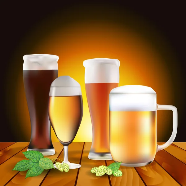 Still life with beers and hops on wooden table — Stock Vector
