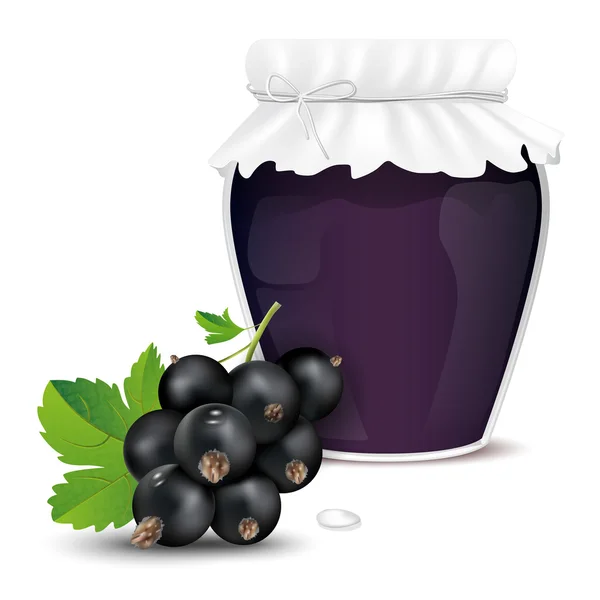 Schwarze Johannisbeermarmelade im Glas und frische schwarze Johannisbeeren — Stockvektor