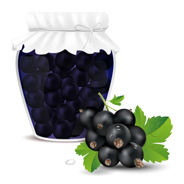 Svarta vinbär kompott i en burk med färska svarta vinbär — Stock vektor