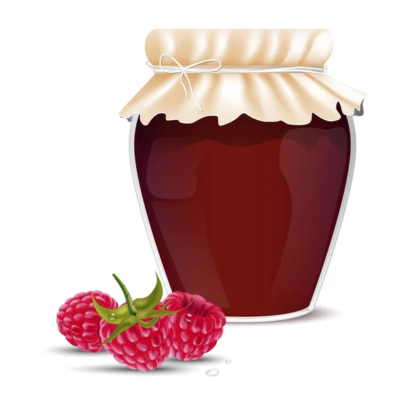 Raspberry marmalade in a jar and fresh raspberries — Stock Vector