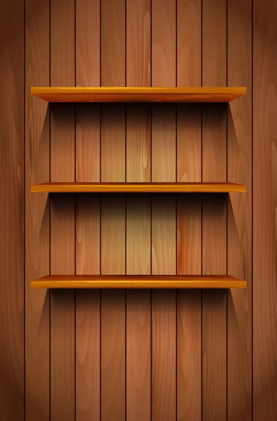 Three wooden shelves on the wooden background — Stock Vector