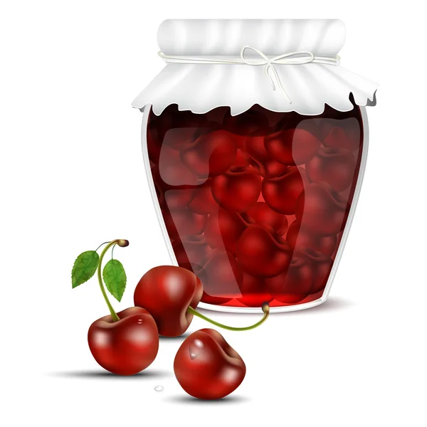 Marmellata di ciliegie in un vaso e ciliegie fresche — Vettoriale Stock