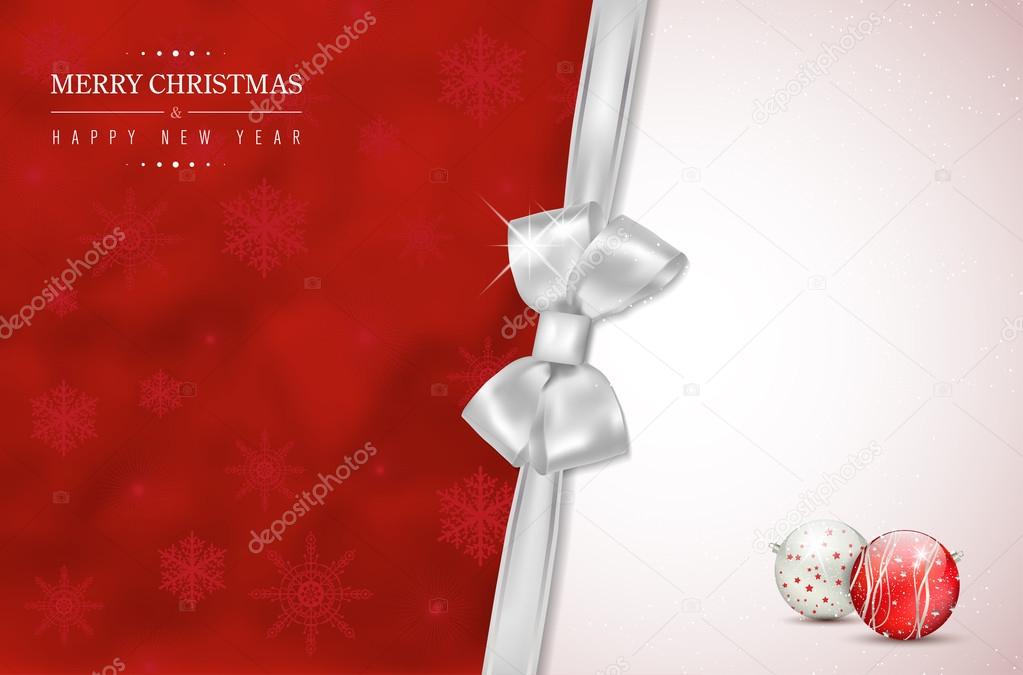 Merry Christmas and Happy New Year card with silver bow