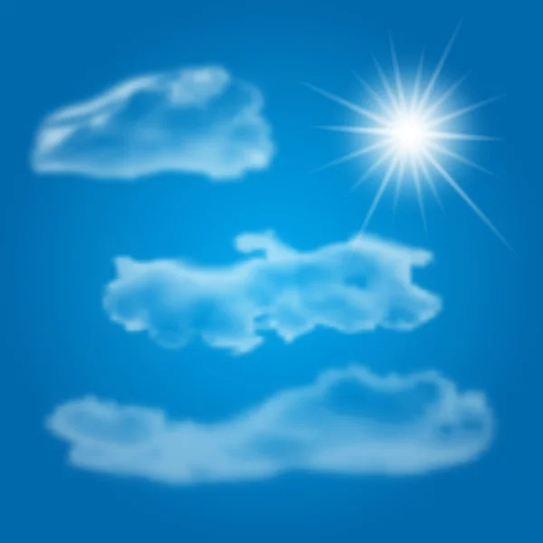 Conjunto de diferentes nubes realistas y sol brillante — Archivo Imágenes Vectoriales