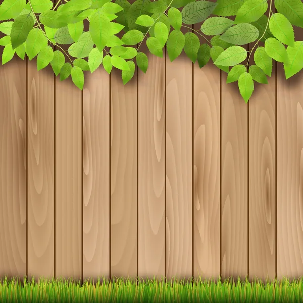 Деревянный забор, трава и ветвь деревьев — стоковый вектор