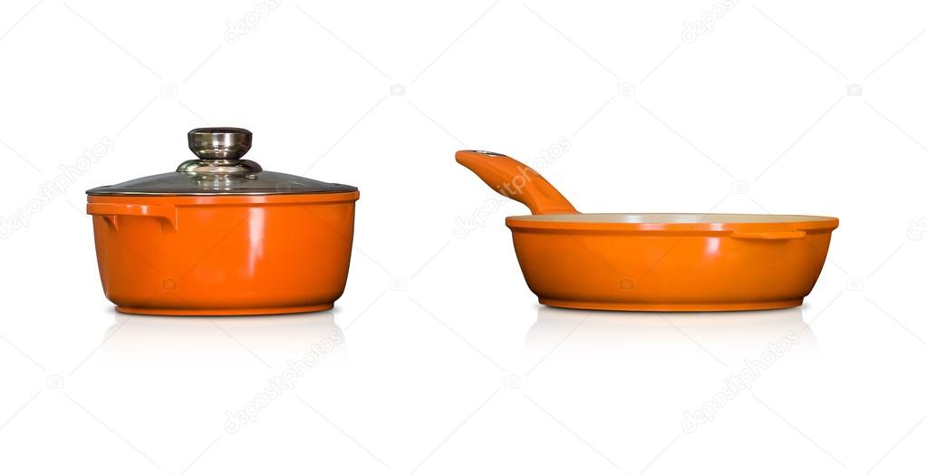 Modern ceramic pot and pan in orange color