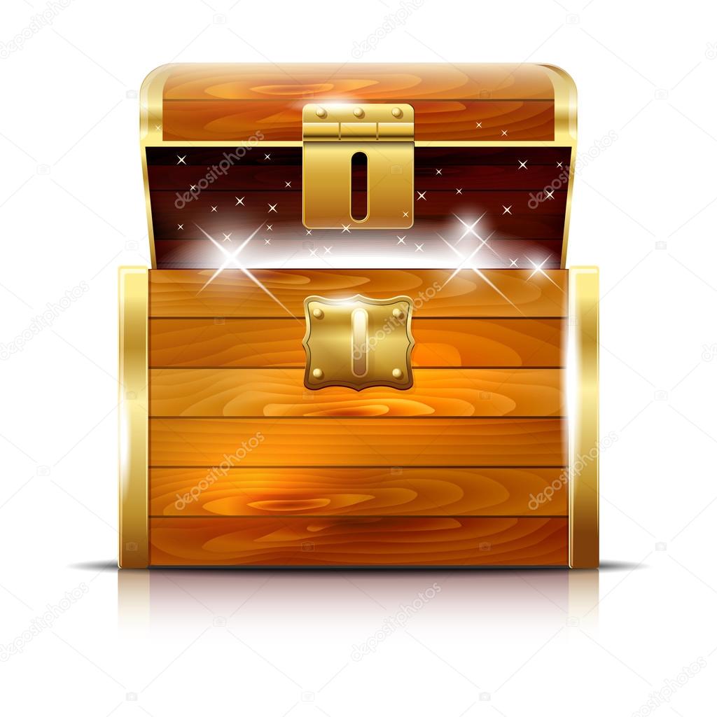 Wooden chest with glowing treasure on white background