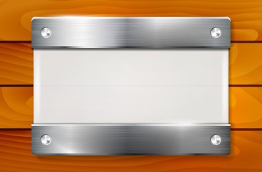 Pleksiglas plaka ahşap arka plan üzerinde metal sahipleri ile