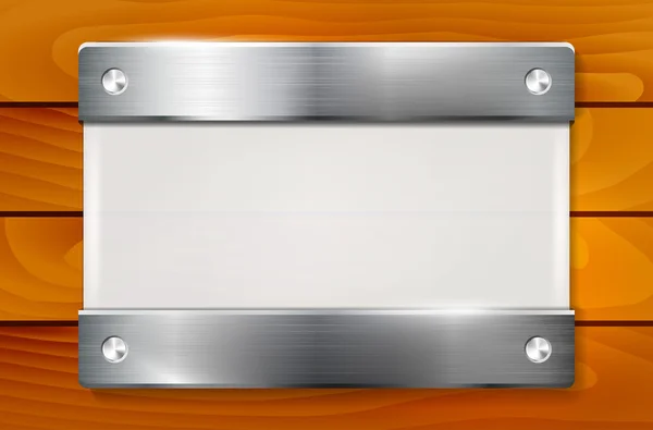 Placa de plexiglás con soportes metálicos sobre fondo de madera — Vector de stock