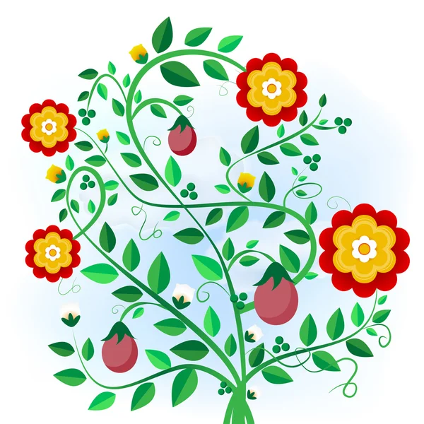 Abstracte plant met bloemen, knoppen en vruchten — Stockvector