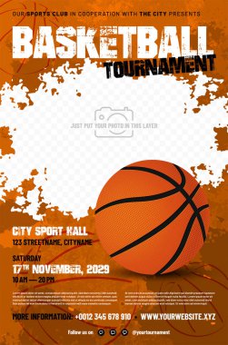 Basketbol turnuvası şablonu, pasaklı arka plan, fotokopi alanı ve fotoğraf yeri - vektör illüstrasyonu