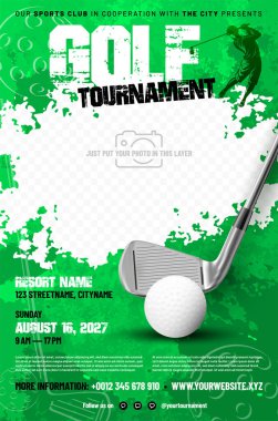 Toplu golf turnuvası şablonu, pasaklı arkaplan, kopya alanı ve fotoğraf yeri - vektör illüstrasyonu
